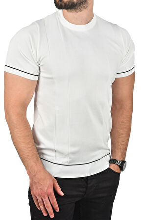 DeepSEA Erkek Beyaz Dar Kesim Pamuklu Tişört Slim Fit Nefes Alan Bisiklet Yaka Triko Tişört 2504347