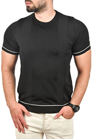 DeepSEA Erkek Siyah Dar Kesim Pamuklu Tişört Slim Fit Nefes Alan Bisiklet Yaka Triko Tişört 2504347