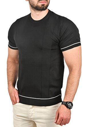 DeepSEA Erkek Siyah Dar Kesim Pamuklu Tişört Slim Fit Nefes Alan Bisiklet Yaka Triko Tişört 2504347