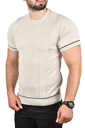 DeepSEA Erkek Bej Dar Kesim Pamuklu Tişört Slim Fit Nefes Alan Bisiklet Yaka Triko Tişört 2504347