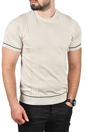 DeepSEA Erkek Bej Dar Kesim Pamuklu Tişört Slim Fit Nefes Alan Bisiklet Yaka Triko Tişört 2504347