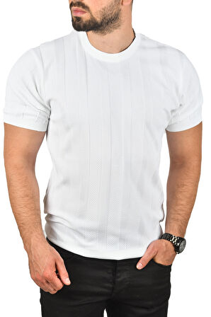 DeepSEA Erkek Beyaz Dar Kesim Pamuklu Triko Tişört Slim Fit Nefes Alan Bisiklet Yaka Tişört 2504348