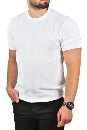 DeepSEA Erkek Beyaz Dar Kesim Pamuklu Triko Tişört Slim Fit Nefes Alan Bisiklet Yaka Tişört 2504348