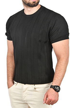 DeepSEA Erkek Siyah Dar Kesim Pamuklu Triko Tişört Slim Fit Nefes Alan Bisiklet Yaka Tişört 2504348