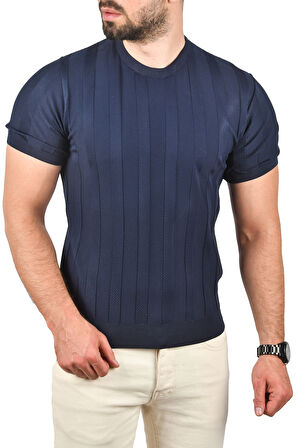 DeepSEA Erkek Lacivert Dar Kesim Pamuklu Triko Tişört Slim Fit Nefes Alan Bisiklet Yaka Tişört 2504348