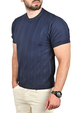 DeepSEA Erkek Lacivert Dar Kesim Pamuklu Triko Tişört Slim Fit Nefes Alan Bisiklet Yaka Tişört 2504348
