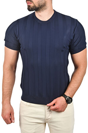 DeepSEA Erkek Lacivert Dar Kesim Pamuklu Triko Tişört Slim Fit Nefes Alan Bisiklet Yaka Tişört 2504348