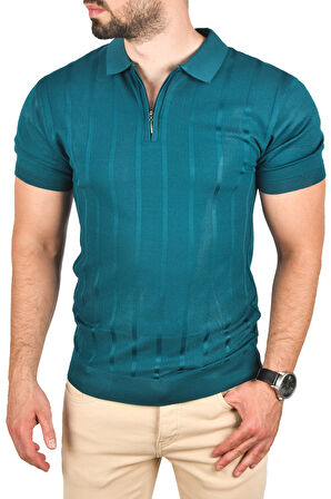 DeepSEA Erkek Yeşil Slim Fit Nefes Alan Pamuklu Polo Yaka Tişört Dar Kesim Örme Kumaş Tişört 2505030