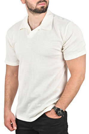 DeepSEA Erkek Beyaz Slim Fit Pamuklu Polo Yaka Tişört Dar Kesim Örme Kumaş Tişört 2501203