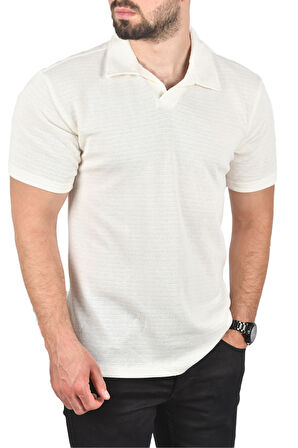 DeepSEA Erkek Beyaz Slim Fit Pamuklu Polo Yaka Tişört Dar Kesim Örme Kumaş Tişört 2501203