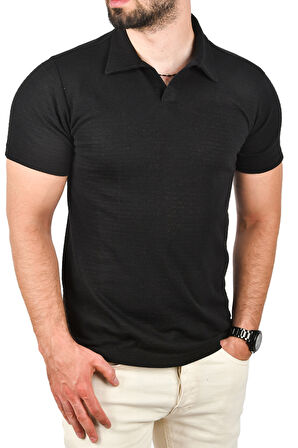 DeepSEA Erkek Siyah Slim Fit Pamuklu Polo Yaka Tişört Dar Kesim Örme Kumaş Tişört 2501203