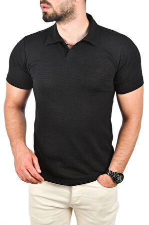 DeepSEA Erkek Siyah Slim Fit Pamuklu Polo Yaka Tişört Dar Kesim Örme Kumaş Tişört 2501203