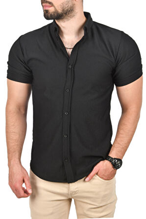 DeepSEA Erkek Siyah Slim Fit Pamuklu Spor Gömlek Likralı Dar Kesim Jakar Kumaş Kısa Kol Gömlek 2501210
