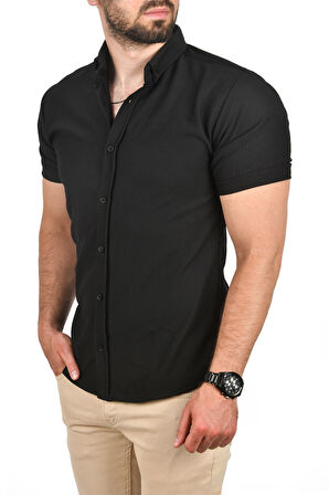 DeepSEA Erkek Siyah Slim Fit Pamuklu Spor Gömlek Likralı Dar Kesim Jakar Kumaş Kısa Kol Gömlek 2501210