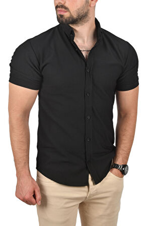 DeepSEA Erkek Siyah Slim Fit Pamuklu Spor Gömlek Likralı Dar Kesim Jakar Kumaş Kısa Kol Gömlek 2501210