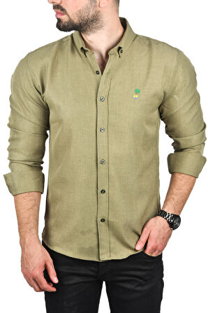 DeepSEA Erkek Haki Slim Fit Dar Kesim Keten Gömlek Pamuklu Spor Gömlek 2501305