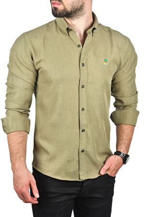 DeepSEA Erkek Haki Slim Fit Dar Kesim Keten Gömlek Pamuklu Spor Gömlek 2501305