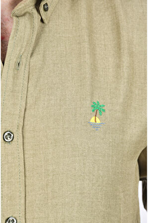 DeepSEA Erkek Haki Slim Fit Dar Kesim Keten Gömlek Pamuklu Spor Gömlek 2501305
