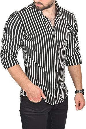 DeepSEA Erkek Siyah Slim Fit Dar Kesim Çizgili Spor Gömlek Pamuklu Likralı Gömlek 2501112