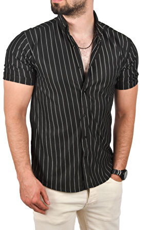 DeepSEA Erkek Siyah Slim Fit Likralı Spor Gömlek Dar Kesim Çizgili Kısa Kol Gömlek 2501218