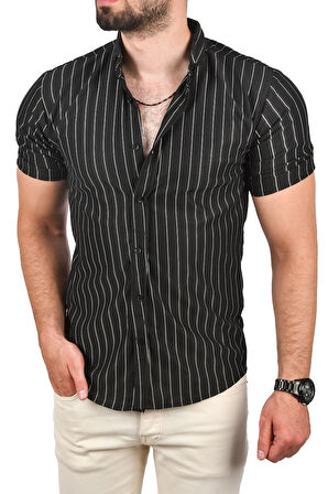 DeepSEA Erkek Siyah Slim Fit Likralı Spor Gömlek Dar Kesim Çizgili Kısa Kol Gömlek 2501218