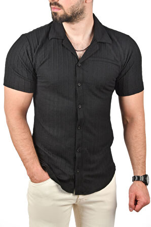 DeepSEA Erkek Siyah Slim Fit Pamuklu Apaş Yaka Kısa Kol Penye  Gömlek Dokulu Jakar Kumaş Dar Kesim Spor Gömlek 2501216