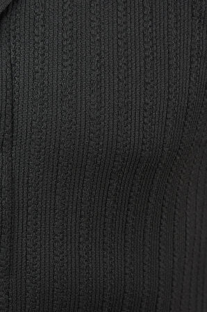 DeepSEA Erkek Siyah Slim Fit Pamuklu Apaş Yaka Kısa Kol Penye  Gömlek Dokulu Jakar Kumaş Dar Kesim Spor Gömlek 2501216