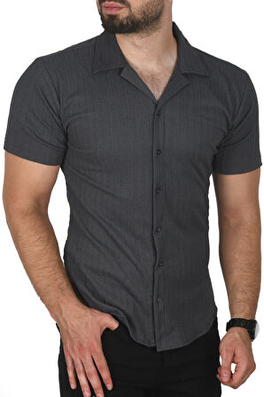 DeepSEA Erkek Antrasit Slim Fit Pamuklu Apaş Yaka Kısa Kol Penye  Gömlek Dokulu Jakar Kumaş Dar Kesim Spor Gömlek 2501216