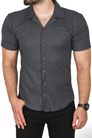 DeepSEA Erkek Antrasit Slim Fit Pamuklu Apaş Yaka Kısa Kol Penye  Gömlek Dokulu Jakar Kumaş Dar Kesim Spor Gömlek 2501216