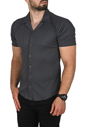 DeepSEA Erkek Antrasit Slim Fit Pamuklu Apaş Yaka Kısa Kol Penye  Gömlek Dokulu Jakar Kumaş Dar Kesim Spor Gömlek 2501216