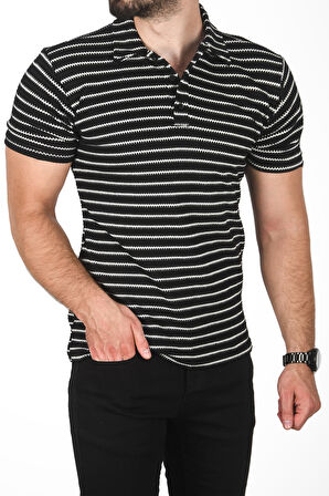 DeepSEA Erkek Siyah Slim Fit Nefes Alan Pamuklu Polo Yaka Tişört Dar Kesim Örme Kumaş Tişört 2501207