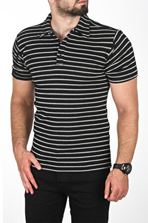 DeepSEA Erkek Siyah Slim Fit Nefes Alan Pamuklu Polo Yaka Tişört Dar Kesim Örme Kumaş Tişört 2501207