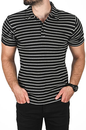 DeepSEA Erkek Siyah Slim Fit Nefes Alan Pamuklu Polo Yaka Tişört Dar Kesim Örme Kumaş Tişört 2501207