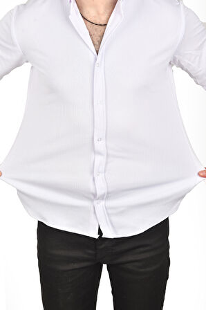 DeepSEA Erkek Beyaz Slim Fit Dar Kesim Pamuklu Spor Gömlek Jakar Kumaş Likralı Gömlek 2500552