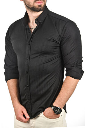 DeepSEA Erkek Siyah Slim Fit Dar Kesim Pamuklu Spor Gömlek Jakar Kumaş Likralı Gömlek 2500552