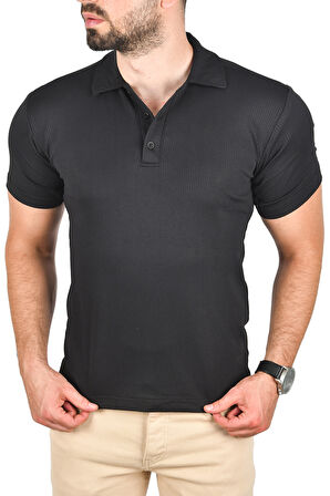 DeepSEA Erkek Siyah Slim Fit Polo Yaka Tişört Dar Kesim Likralı Yakalı Tişört 2501215