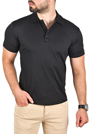 DeepSEA Erkek Siyah Slim Fit Polo Yaka Tişört Dar Kesim Likralı Yakalı Tişört 2501215