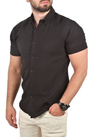 DeepSEA Erkek Siyah Slim Fit Likralı Spor Gömlek Dar Kesim Kısa Kol Gömlek 2501315