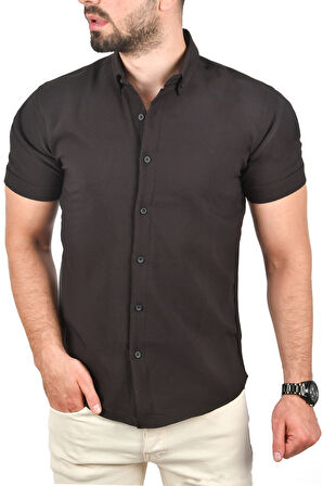 DeepSEA Erkek Siyah Slim Fit Likralı Spor Gömlek Dar Kesim Kısa Kol Gömlek 2501315
