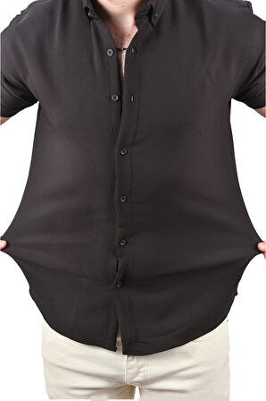 DeepSEA Erkek Siyah Slim Fit Likralı Spor Gömlek Dar Kesim Kısa Kol Gömlek 2501315