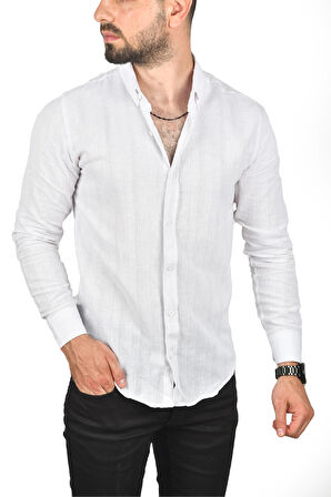 DeepSEA Erkek Beyaz Slim Fit %100 Pamuk Keten Gömlek Dar Kesim Dokulu Keten Gömlek 2501301