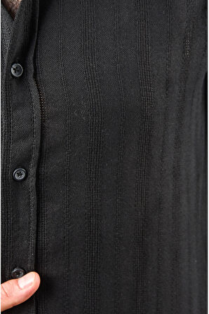 DeepSEA Erkek Siyah Slim Fit %100 Pamuk Keten Gömlek Dar Kesim Dokulu Keten Gömlek 2501301