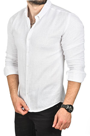 DeepSEA Erkek Beyaz Slim Fit %100 Pamuk Keten Gömlek Dar Kesim Dokulu Keten Gömlek 2501302