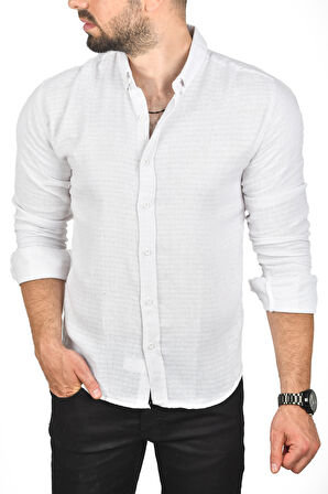 DeepSEA Erkek Beyaz Slim Fit %100 Pamuk Keten Gömlek Dar Kesim Dokulu Keten Gömlek 2501302