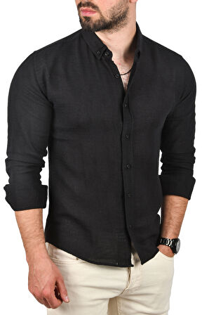 DeepSEA Erkek Siyah Slim Fit %100 Pamuk Keten Gömlek Dar Kesim Dokulu Keten Gömlek 2501302