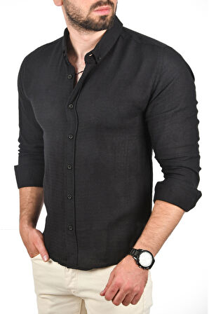 DeepSEA Erkek Siyah Slim Fit %100 Pamuk Keten Gömlek Dar Kesim Dokulu Keten Gömlek 2501302