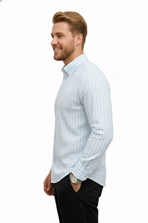 DeepSEA Erkek Mavi Çizgili Gofre Kumaş Dar Kesim Gömlek – Şık, Modern ve Rahat Gömlek 2501317
