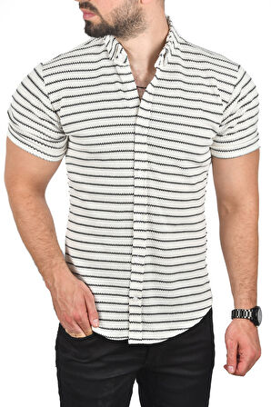 DeepSEA Erkek Beyaz Slim Fit Örme Kumaş Gömlek Likralı Dar Kesim Kısa Kol Örme Triko Gömlek 2501208