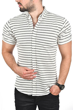 DeepSEA Erkek Beyaz Slim Fit Örme Kumaş Gömlek Likralı Dar Kesim Kısa Kol Örme Triko Gömlek 2501208