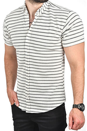 DeepSEA Erkek Beyaz Slim Fit Örme Kumaş Gömlek Likralı Dar Kesim Kısa Kol Örme Triko Gömlek 2501208